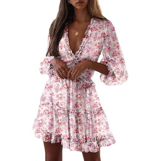 Amazon Summer Autumn Suit Ladies Elegant V Neck Casual Floral Strapless Empire Waist Frilly Flowy