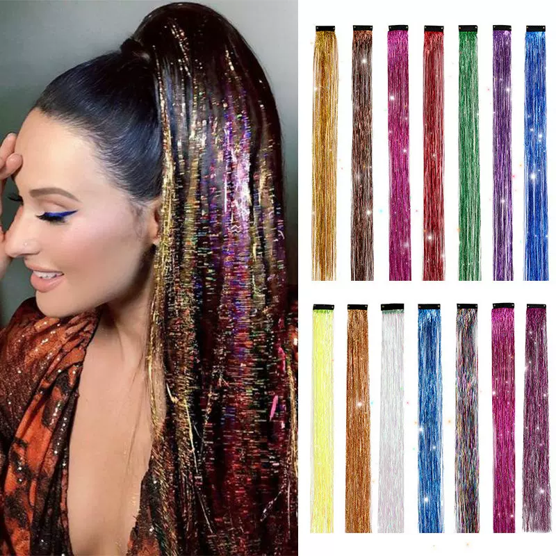 源头工厂跨境新款tinsel hair镭射丝BB夹七彩色挂耳一片式接发片
