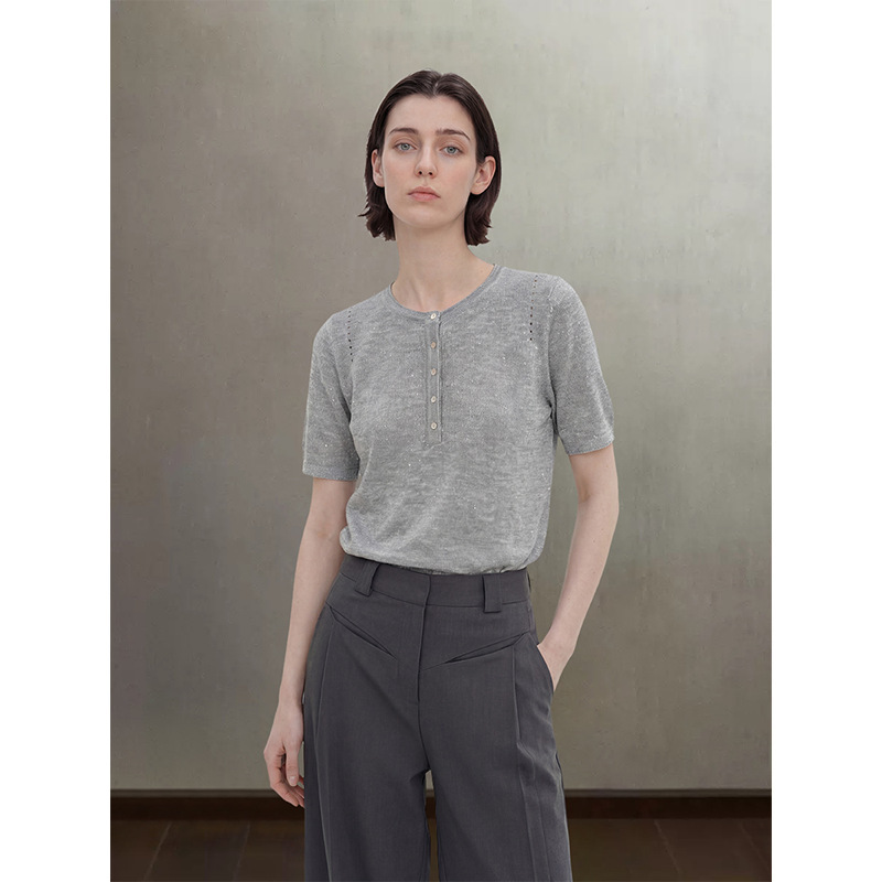 Luo Ke ▪ Super Comfortable Bamboo Knit Half-Open Front Short-Sleeve Thin Breathable Sequin T-Shirt Versatile Knit Top Luo Ke ▪ Super Comfortable Bamboo Knit Half-Open Front Short-Sleeve Thin Breathable Sequin T-Shirt Versatile Knit Top