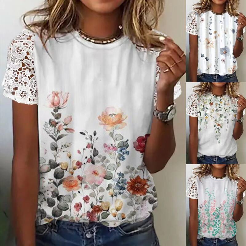 Amazon Foreign Trade Fashion Women's Loose New Multicolor Floral Print Lace Short Sleeve Round Neck T-Shirt