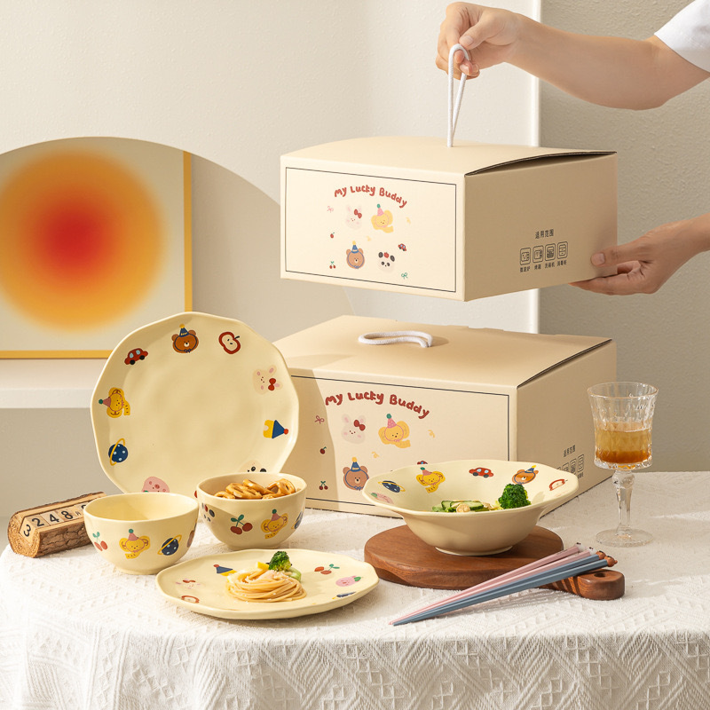 Animal Party Newlywed Housewarming Gift Cute Tableware Ceramic Rice Bowl Plate Chopsticks One-person Food Household Dishes suit