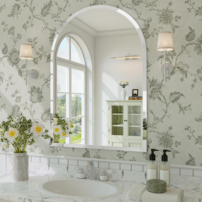 Bathroom Vanity Mirror with Beveled Edge Decorative Arched Wall Mirror Bedroom Living Room Frameless Arched Mirror Factory Custom-Made