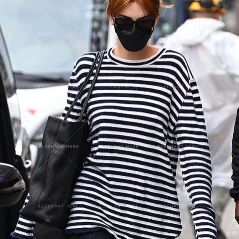 2025 Spring and Autumn Row Blue and White Striped Sweater Loose Casual Sweater Women's Cashmere Silk Blended Top