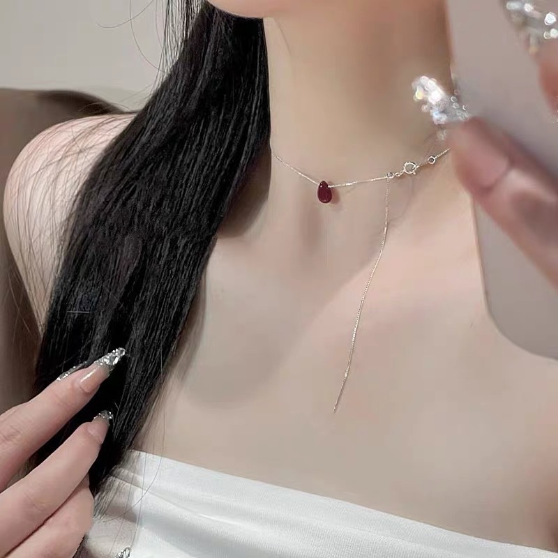 轻奢高级感红色水滴抽拉项链小众简约多种戴法锁骨链气质百搭颈链|undefined