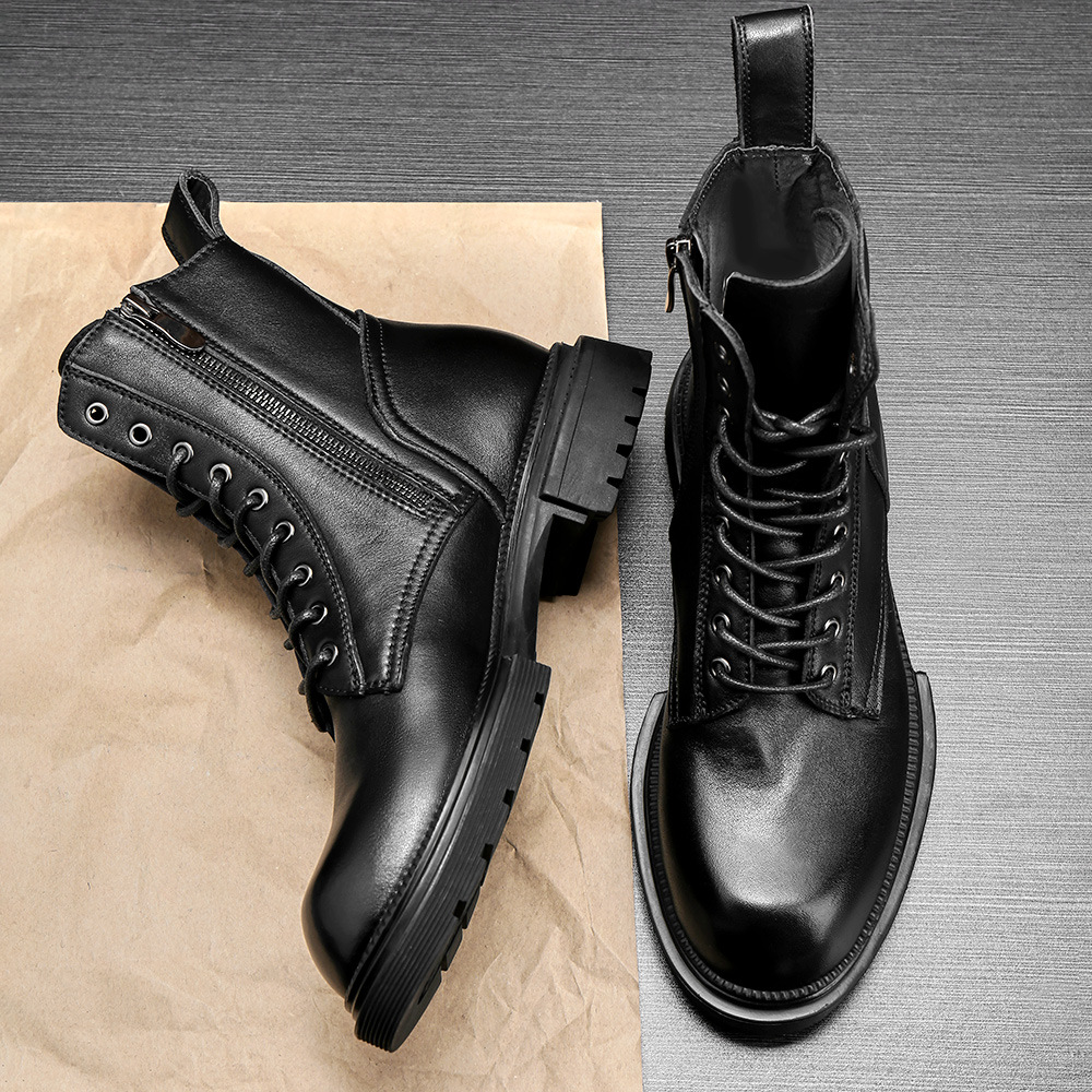 Men's Leather Boots Autumn and Winter Genuine Leather High-Top Martin Boots Fashion Height-Increasing Black Boots Casual Versatile Ankle Boots Work Boots