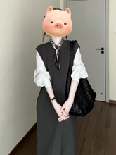 秋季流行风格假两件灰色连衣裙长裙女2025新款绝美巨好看的小裙子