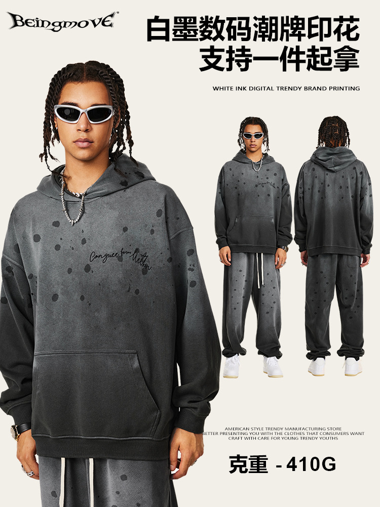 2025 otoño estilo de moda americano negro gris pesado suelto chaqueta con capuz estilo de moda masculino alta sensación de pareja retro