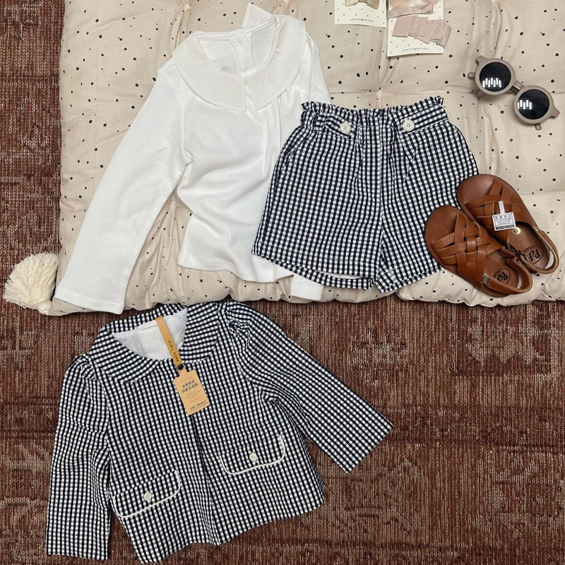 Plaid Jacket, Shorts, Pointed Collar Organic Cotton Base Shirt, Children's Set Plaid Jacket, Shorts, Pointed Collar Organic Cotton Base Shirt, Children's Set