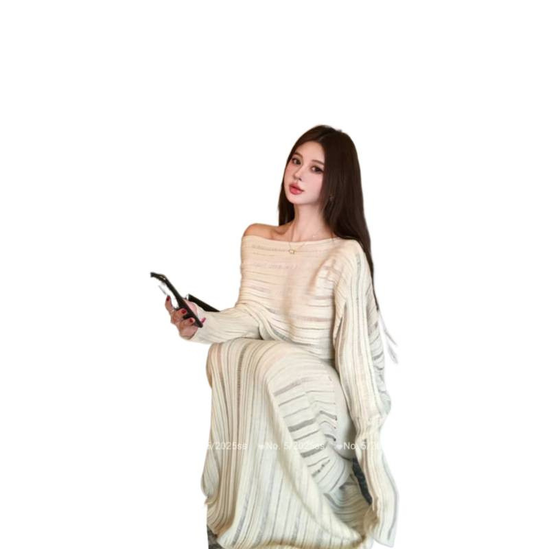 早秋韩系气质慵懒风宽松穿搭长袖针织坑条上衣+半身裙套装女|undefined