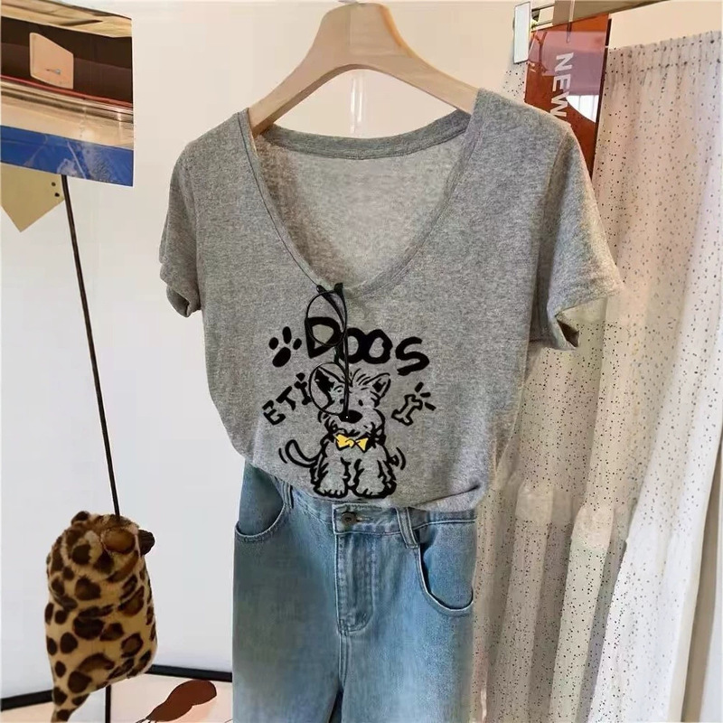 Plus-Size Women's 120kg Snowflake Cotton Short-Sleeve T-Shirt, Summer Style, Loose Fit, Large V-Neck, Cute Dog Print Top