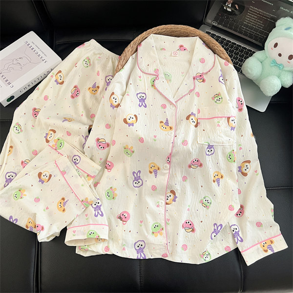 Al por mayor transfronterizo 2026 nuevo pijama de mujer nubes de algodón pantalones de manga larga cardigan con solapa de dibujos animados ropa para el hogar se puede usar fuera