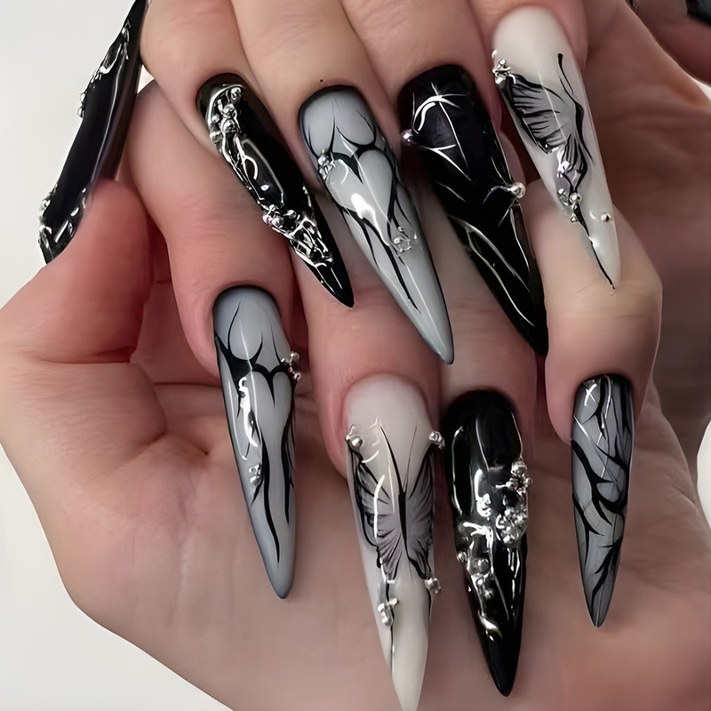 Dark Cool Punk Style European and American Manicure Pieces Love Butterfly Wearable Fake Nails Cross-Border Wearable Nails Wholesale
