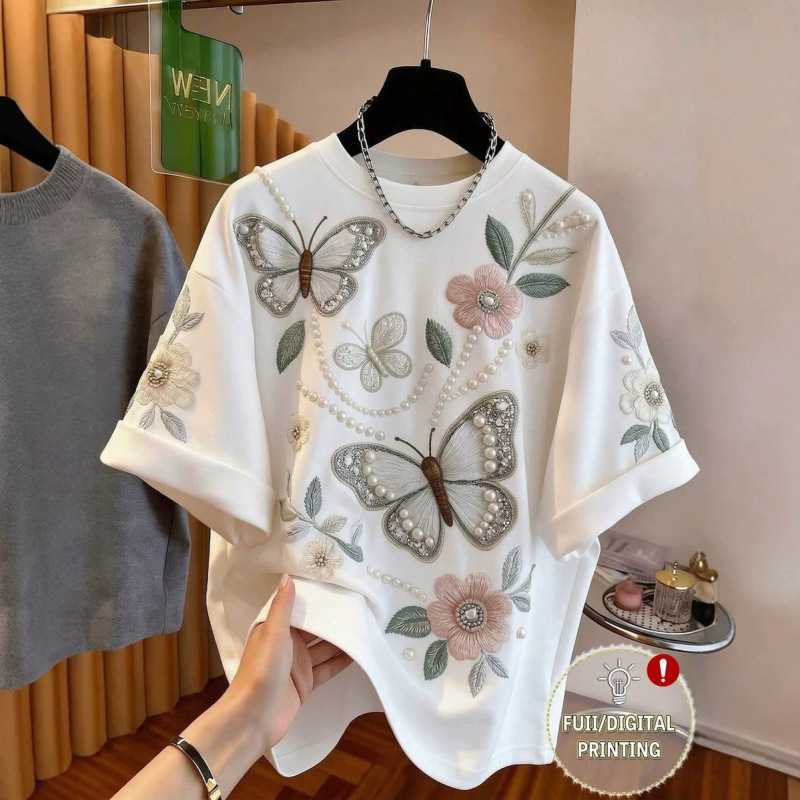 Cross-Border Exclusive Supply for Foreign Trade, New Summer Style Round Neck Loose Top with Simulated Embroidery, Pearl Butterfly Print, Short-Sleeve T-Shirt for Women