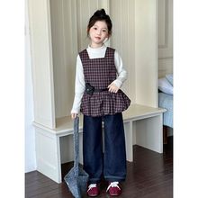 .女童秋季套装2025新款洋气中大童春秋格子马甲上衣牛仔裤秋装.