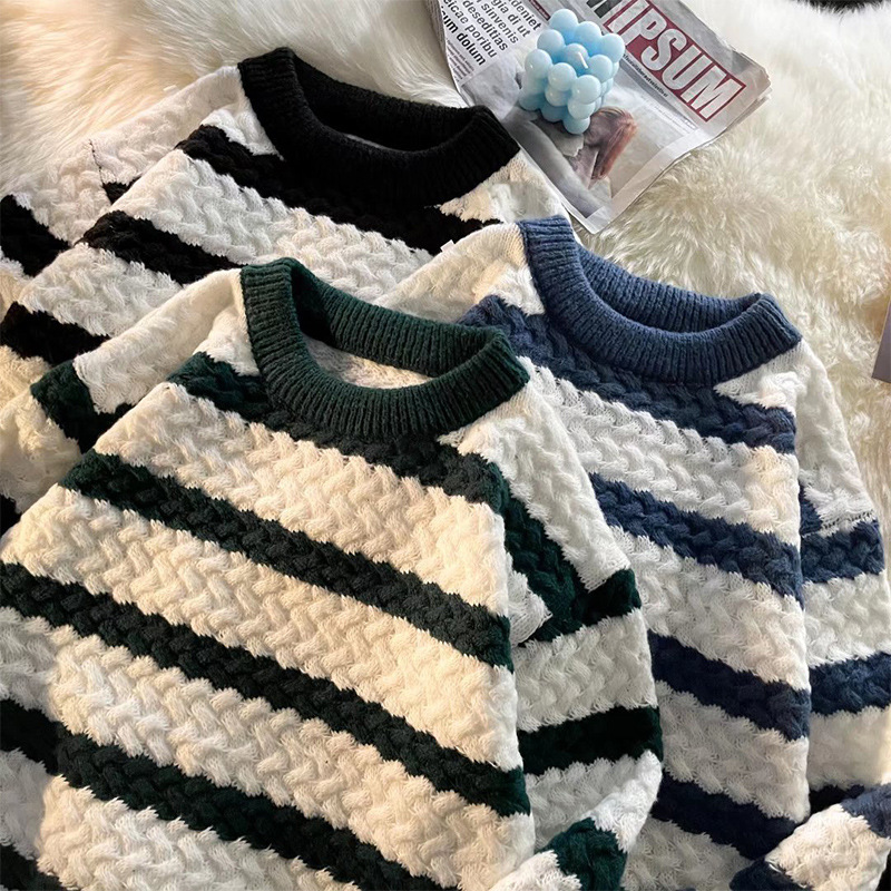 Japanese Style Striped Sweater Women's Autumn and Winter New Korean Style Loose Lazy Style Pullover Outer Wear Thickened Knitted Sweater Japanese Style Striped Sweater Women's Autumn and Winter New Korean Style Loose Lazy Style Pullover Outer Wear Thickened Knitted Sweater