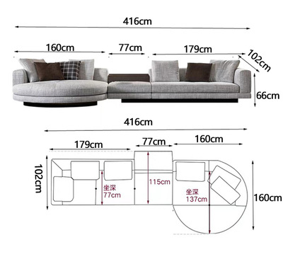 Sofá de sala de estar minimalista italiano combinación de muebles de villa de alta gama, capa plana de tela de lujo ligera, sofá de esquina conjunto