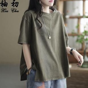 "Counter Size" T-shirt Women's Summer New Short Sleeve Loose Retro Solid Color All-match Slimming T-shirt Top
