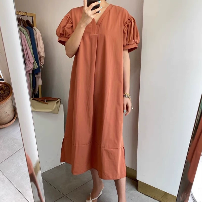 Летнее корейское платье-миди с V-образным вырезом, свободного кроя, повседневное, облегающее, с короткими рукавами и карманами с обеих сторон для женщин.