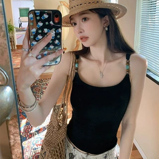 设计感重工串珠吊带背心女夏季新款修身显瘦带胸垫内搭无袖短上衣