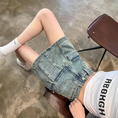 Vintage Americana Embroidered Denim A-Line Short Skirt for Women - Summer High-Waisted Booty Shorts with Side Slits