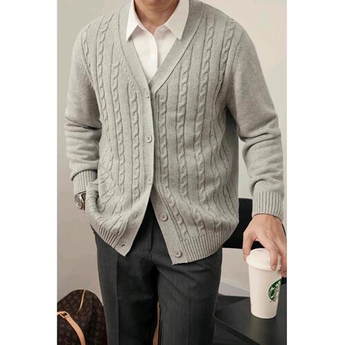 Autumn/Winter Korean Style Knitted Cardigan Jacket for Men - Slim Fit Solid Color Long Sleeve Crochet V-Neck Casual Business Sweater