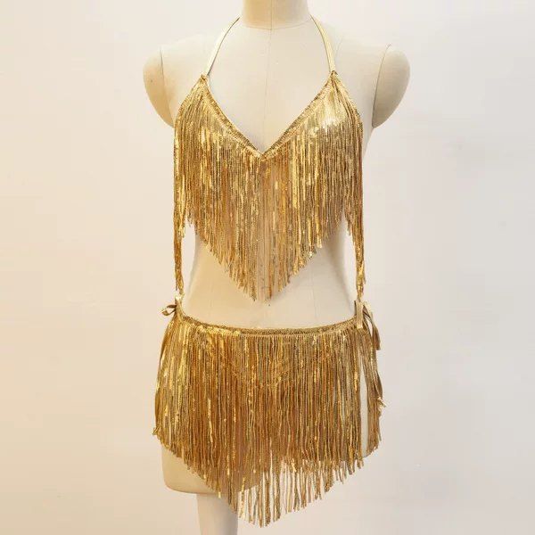 Halloween belly dance costume sequined tassel short suit bikini performance wear 3MM sequined suit
