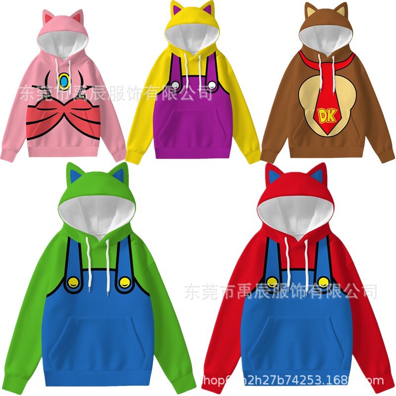 European and American New Style Super Mario Game Movie Cosplay Merchandise 3D Digital Print Hooded Cat Ear Sweatshirt
