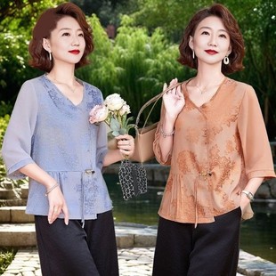 New Chinese Style Mom Summer Short-Sleeved Chiffon Shirt, Fashionable Middle-Aged and Elderly Women's T-Shirt Top Suit Mother's Day Clothes