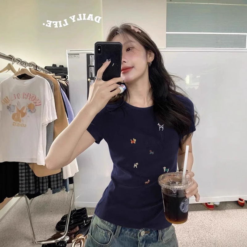 Korean-Style Straight-Shoulder Short-Sleeve T-Shirt for Women, Summer 2026 New Model, Short Slim-Fit Slimming Dark Blue Top for Women Wholesale