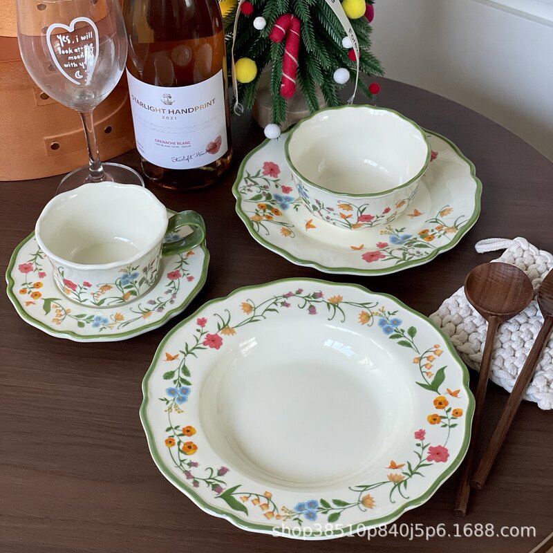 Spring Butterfly Dance Pastoral Style Ceramic Tableware Underglaze Color Household Rice Bowl, Dish Plate, Deep Plate, Dessert Plate, Coffee Cup and Saucer