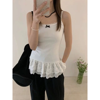白色蝴蝶结绝美吊带背心女春夏外穿蕾丝花边下摆内搭上衣