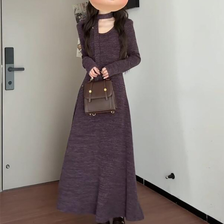 紫色法式v领毛衣针织连衣裙子女秋季2025新款配大衣内搭打底长裙|undefined