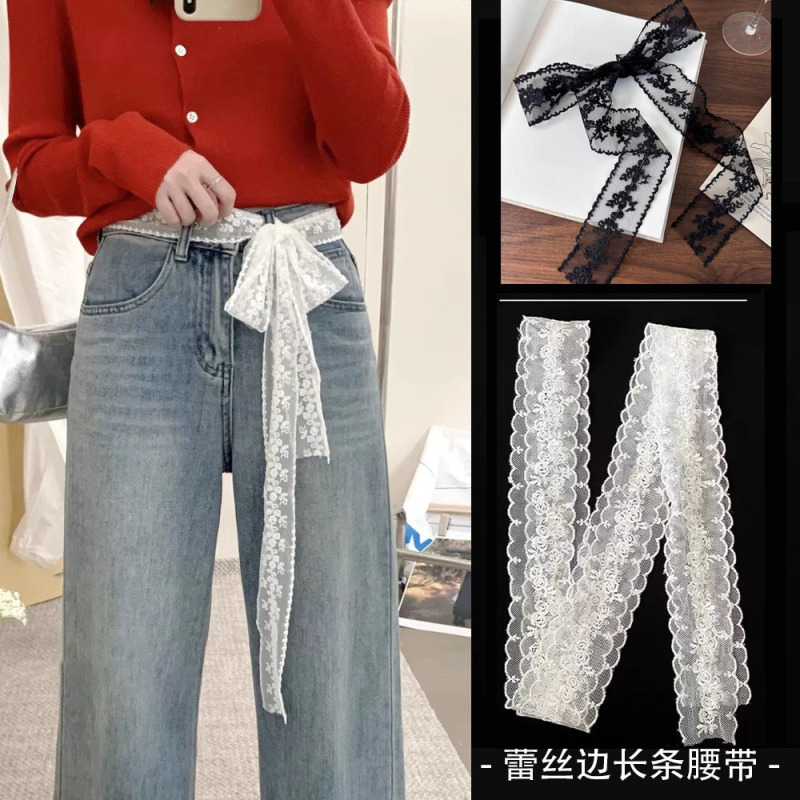 White Lace Floral Ribbon Belt for Women, Sweet and Cool Fashion Niche Denim Decorative Pants, Versatile Creative Scarf Accessory