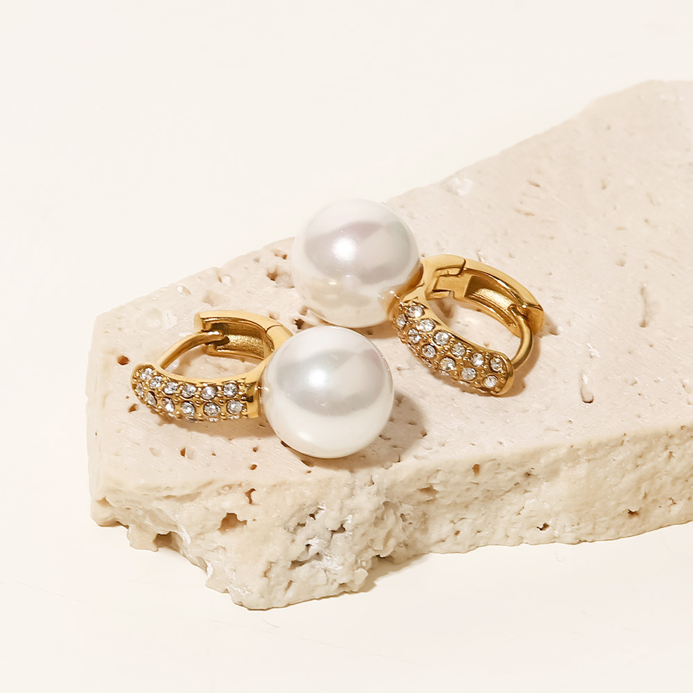 Simple Style Circle Stainless Steel Earrings Inlay Pearl Zircon Stainless Steel Earrings 1 Pair