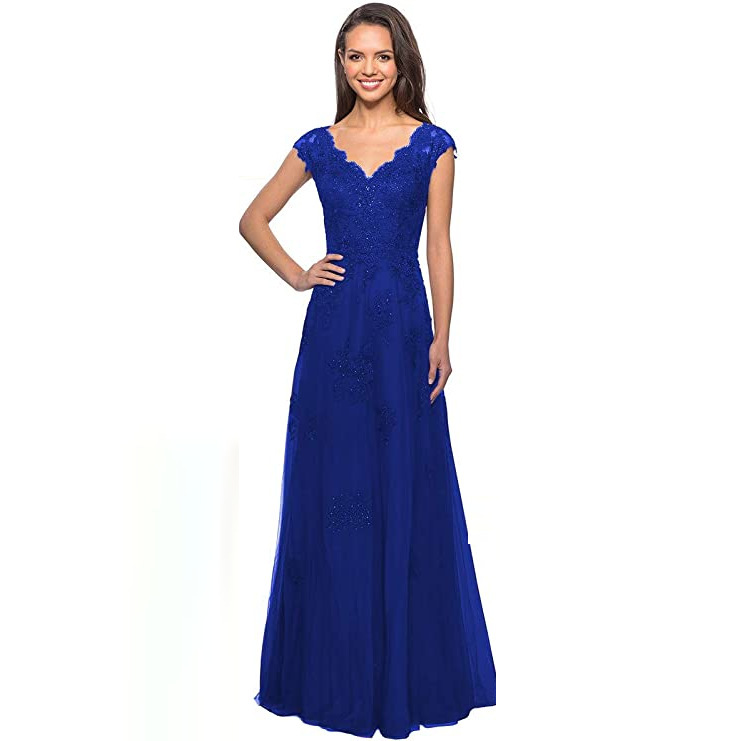 Foreign Trade Evening Dress Women's Double Shoulder Long Ball Dress A- Line Dress Lace Decal Mesh Formal Party Gown