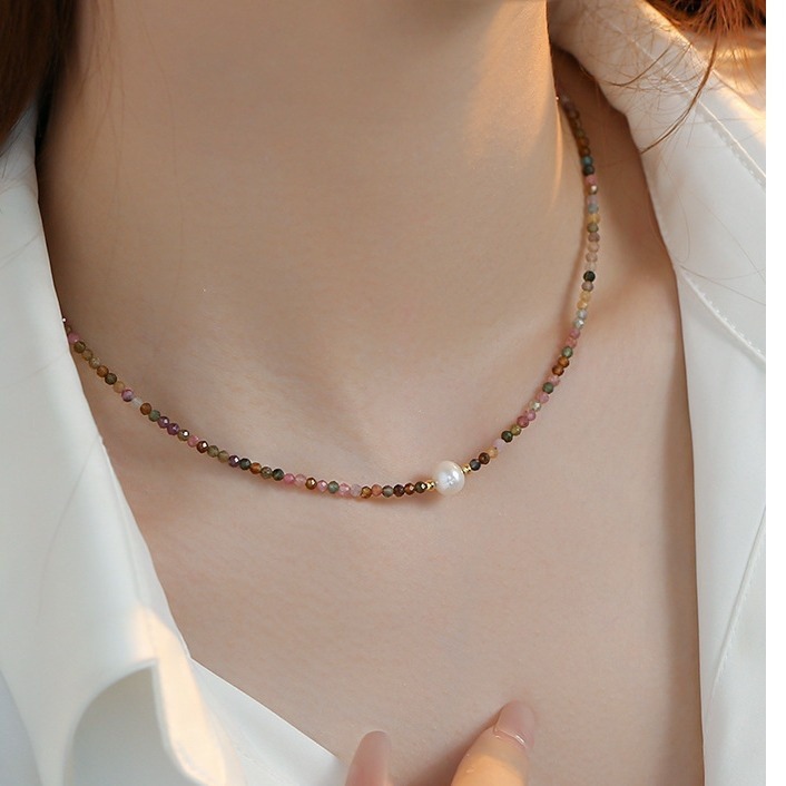 淡水珍珠彩色碧璽串珠鎖骨鏈彩色碧璽串珠項鍊女夏日多巴胺頸鏈