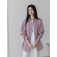 2025秋季新款韩国东大门慵懒休闲长袖格子衬衫女设计感翻领衬衣