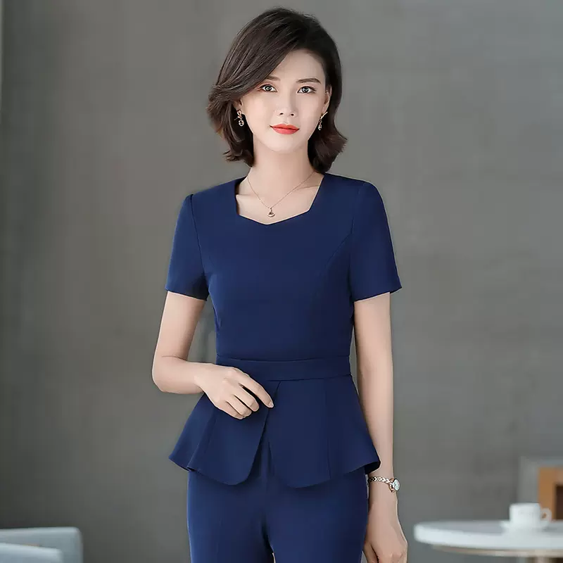 职业套装女夏季新款时尚套裙珠宝店美容师工作服薄款短袖两件套装