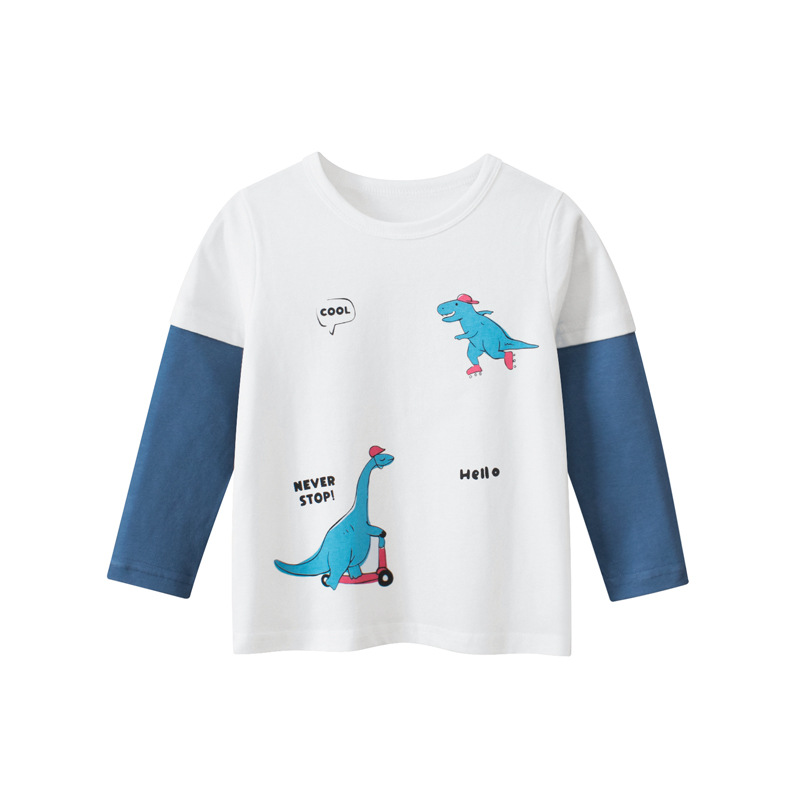27 niños ropa infantil transfronteriza ropa de bebé falso de dos piezas de los hombres de manga larga Camiseta dinosaurio de dibujos animados camisa de fondo entrega de una sola pieza
