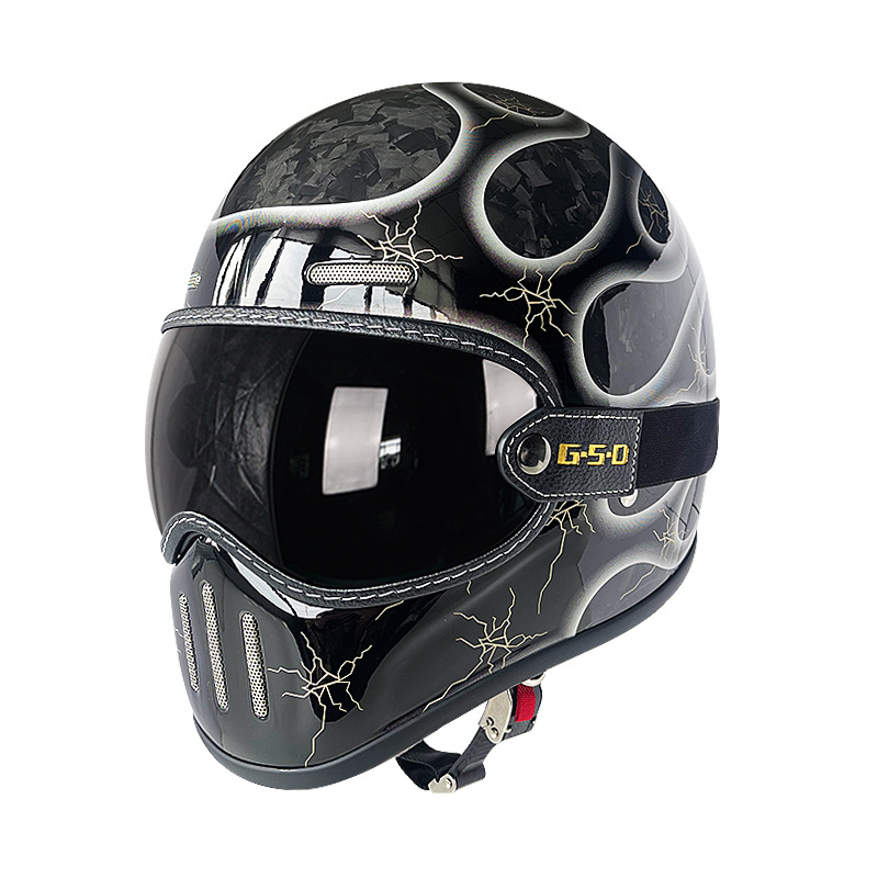 Motosiklet kaskı (dəbilqə) — Motuoche Carbon Fiber Retro - silver-flame-black-tea-visor-m55-56