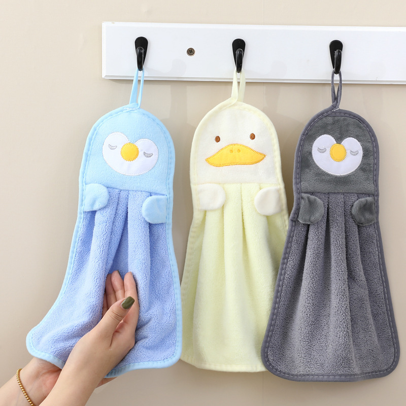 Cartoon Hand Towel Hanging Type Children's Towel Coral Fleece in Stock Wholesale Cute Little Yellow Duck Kitchen Towel Cleaning Cloth