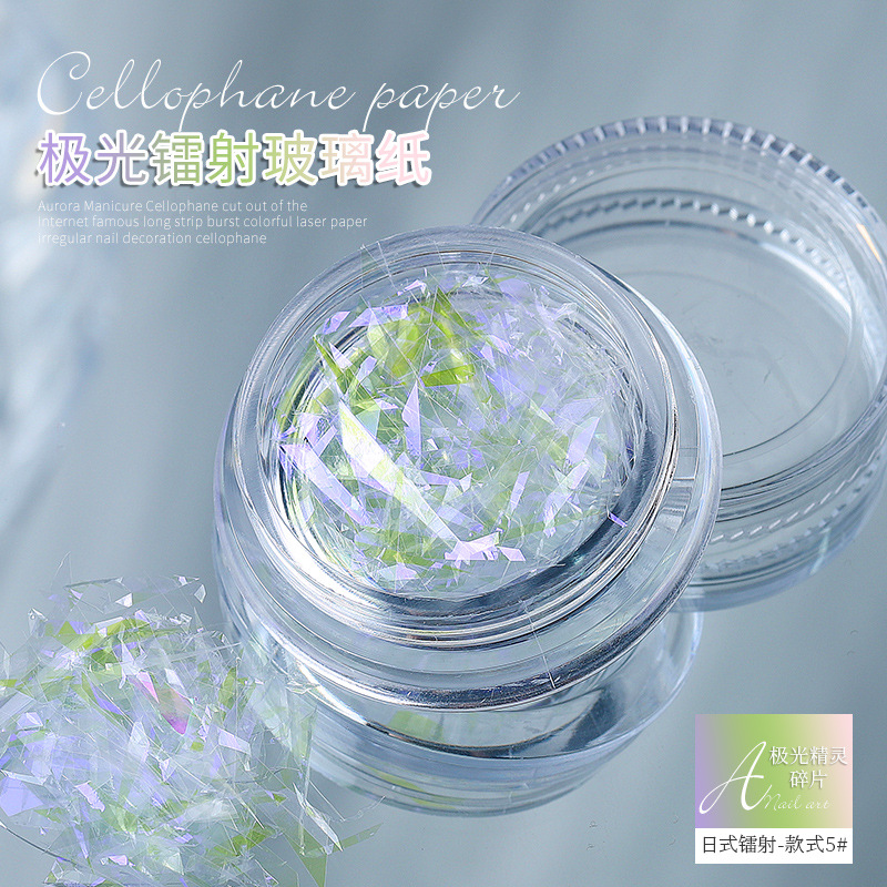 Aurora elfo fragmentos irregulares celofán Corte libre tira flash colorido láser papel uñas pegatina al por mayor