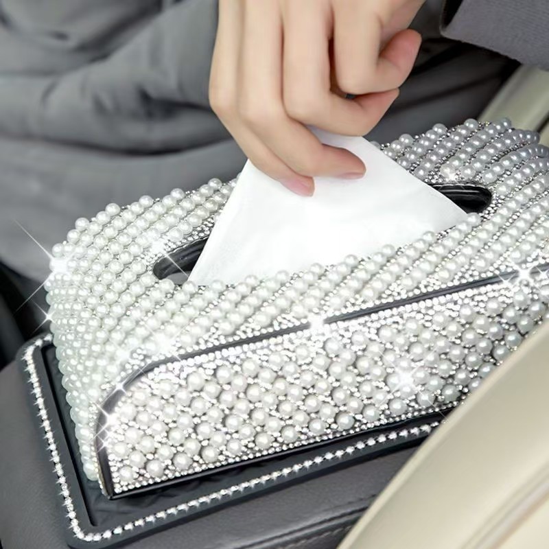Car interior tissue box, pearl napkin holder for women, car interior decoration, seat-mounted tissue box, tissue cover