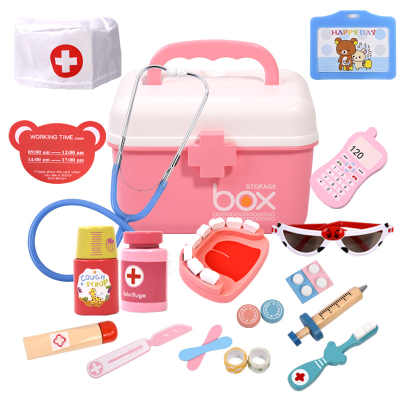 Traje de madera niños jugar a las casitas simulación caja médica juego rol chica enfermera inyección niño estetoscopio