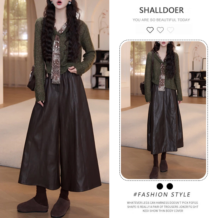 Trendy Two-Piece Set for Early Autumn: a Complete Set of 5 Super Popular Solid Color V-Neck Knitwear and Leather Pants Set for Women Trendy Two-Piece Set for Early Autumn: a Complete Set of 5 Super Popular Solid Color V-Neck Knitwear and Leather Pants Set for Women