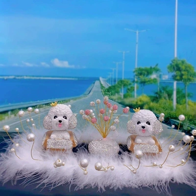 aromatherapy starry car decoration, Car ornaments - crown-diamond-encrusted-teddy-dogs-2-pieces-pink-and-white-diamond-encrusted-babys-breath-generous-pearl-cushion-glue-10