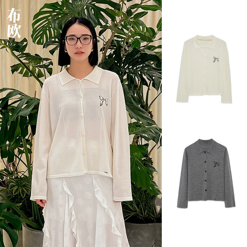 【Clearance, No Returns】"Wool and Mulberry Silk" Designer Style Simple Long-Sleeve Top with Bowknot Jacquard Pattern