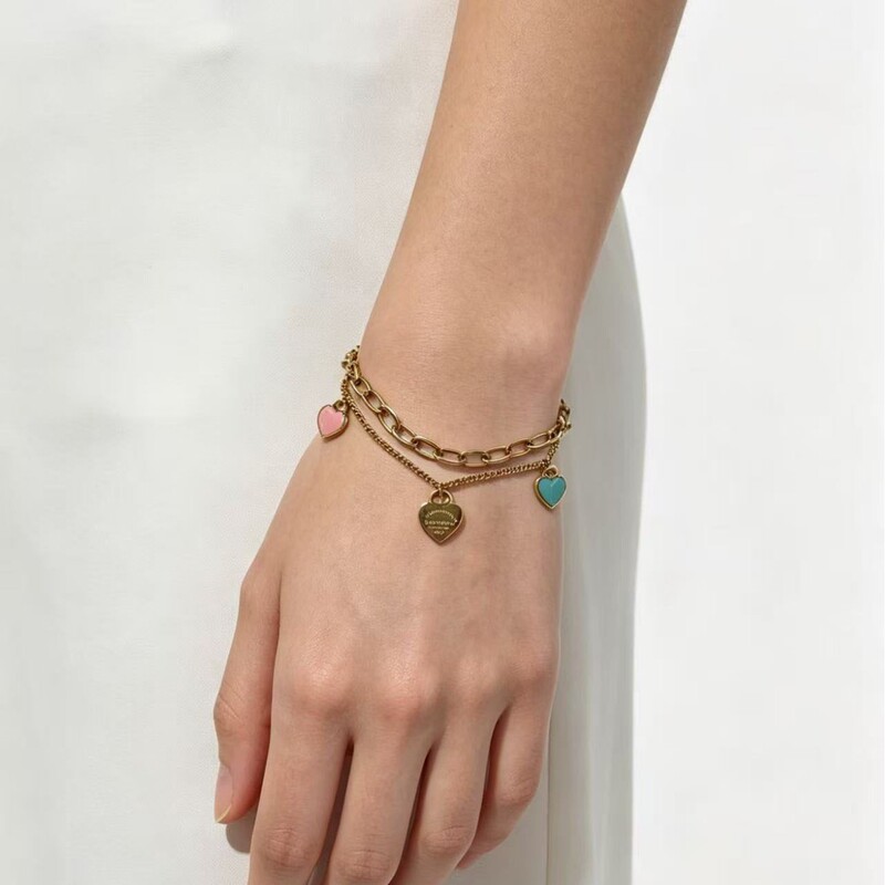 Titanium Steel Korean Style Fashionable Age-Reducing Girlish Pink Blue Oil-Printed Heart Pendant Double-Layer Bracelet for Women