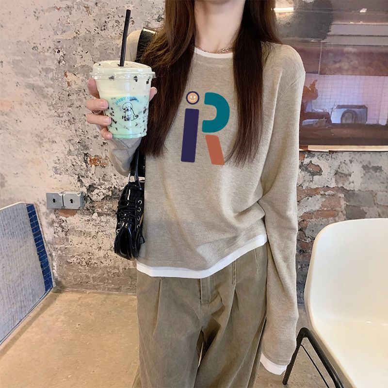 假两件长袖t恤打底衫女春秋2025叠穿撞色宽松设计感撞色纯棉上衣|undefined