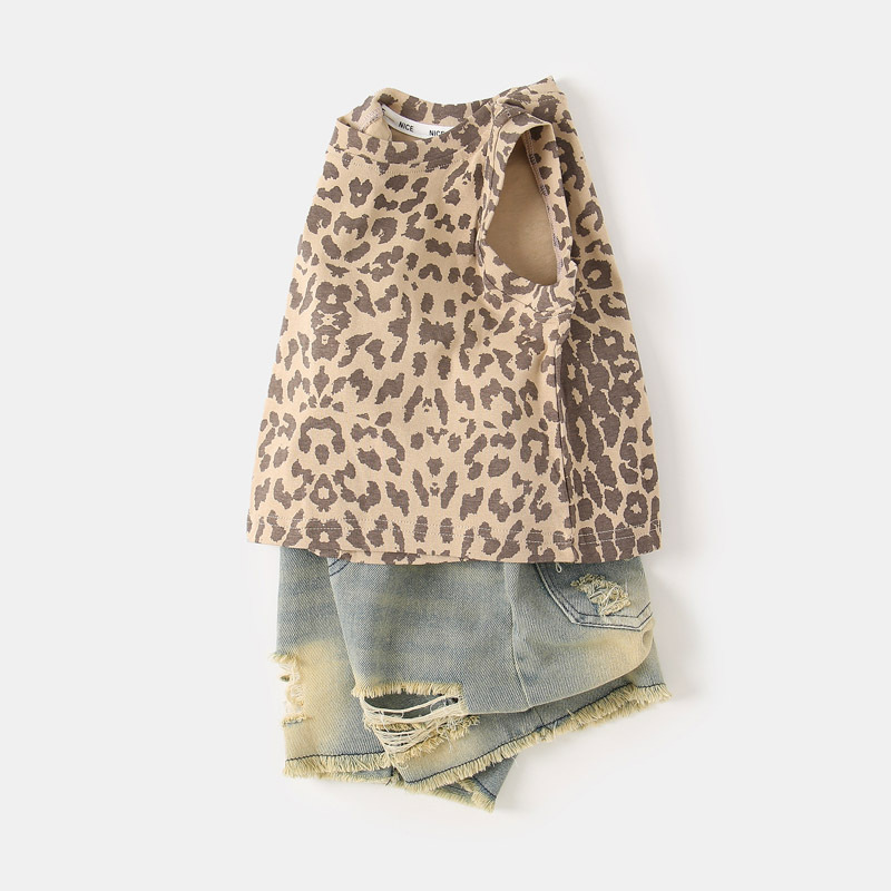 Children's Vest and Denim Shorts Set 2026 Summer New Fashion Korean Style Versatile Leopard Print Sleeveless Ripped Jeans Children's Vest and Denim Shorts Set 2026 Summer New Fashion Korean Style Versatile Leopard Print Sleeveless Ripped Jeans